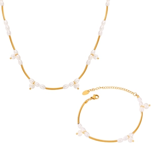 Minimalist gold tube and natural freshwater pearl necklace and bracelet jewelry set