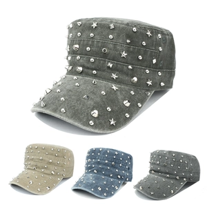 Rivet Studded Cadet Cap Washed Cotton Sun Protection Outdoor Punk Rock Military Flat Top Hat For Men Women Adjustable