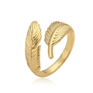 Minimalist 18K gold-plated feather ring with textured open design on white background