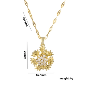 Golden rotating snowflake pendant necklace with sparkling micro-pave crystals and measurements