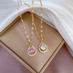 Teardrop Pendant Necklace Stainless Steel Chain Copper Micro Inlaid Zircon Round Stone Elegant Jewelry For Women