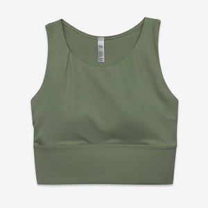 Dettaglio in piano del reggiseno sportivo verde oliva con ampio bordo elastico di supporto
