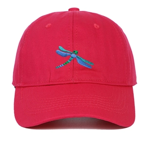 Close-up of red cotton baseball cap featuring detailed blue and green dragonfly embroidery