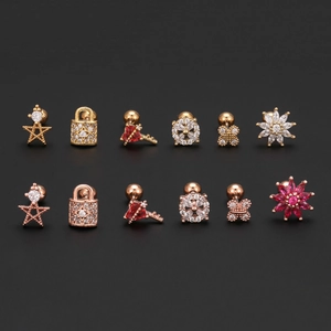 Exquisites Ohrstecker-Set in Gold und Roségold mit rotem Herz-Zirkon und Stern-Designs
