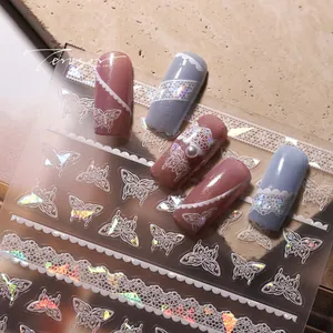 3D embossed nail art stickers with butterfly and lace patterns featuring laser holographic effects