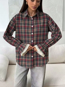 Women's vintage plaid shirt with lace cuffs in classic red and green check pattern