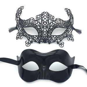 Close-up of black lace mask and plastic eye mask for Halloween masquerade parties