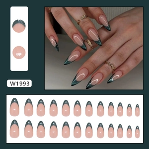 French deep green ombre press-on nails with cat-eye effect in stiletto shape W1993