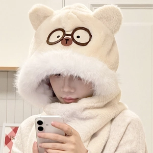 Sciarpa Con Cappuccio Orecchie Di Orso Cartone Animato Con Guanti Da Tasca Peluche Spesso Pelliccia Sintetica Copricapo Invernale Caldo Per Donne Ragazze