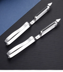 Dual set of silver stainless steel peelers with U-shaped handles and serrated blades