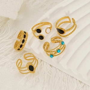 Bohemian gold stainless steel open ring set with turquoise and black enamel details