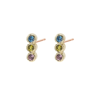 Three-stone gold drop earrings with blue green and purple round zircon crystals