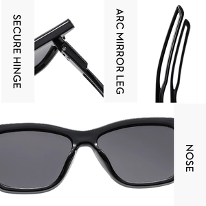 Detail view showing secure hinges, arc mirror legs, and nose pads of children's sunglasses