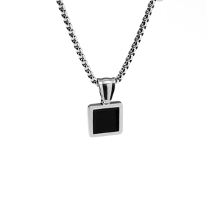 Hip hop style silver chain necklace with a geometric square black stone pendant