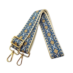 Ethnic bohemian style wide polyester shoulder strap with blue embroidery and gold hooks