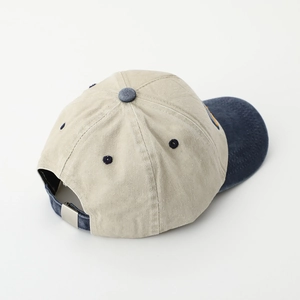 Retro two-tone kids baseball cap with khaki crown, blue brim and adjustable metal buckle