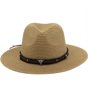 Western Cowboy Fedora Straw Hat Wide Brim Sun Protection Vintage Bull Skull Leather Band Bohemian For Women Men