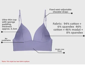 Detailed specs of purple wireless cotton bra showing thin cups and rib knit fabric texture