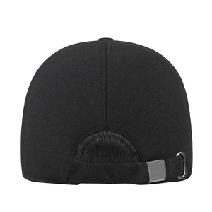 Rear view of winter baseball cap with ear protection and adjustable metal buckle