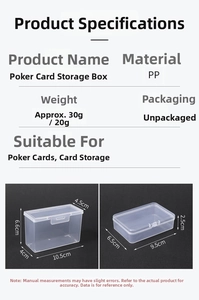 Detailed view of clear PP plastic card storage boxes with dimensions and snap closure