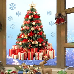 Christmas tree window decals with snowflakes and gift boxes on glass for festive decor