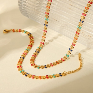 Chic gold stainless steel necklace with vibrant colorful enamel olive leaf charms