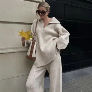 Women Knit Ribbed Half Zip Pullover Sweater And High Waist Wide Leg Pants Casual Streetwear Outfit