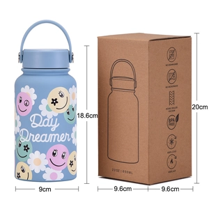 Blue 650ml 22oz vacuum insulated sports water bottle with floral print and packaging box