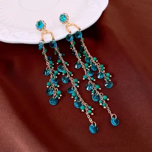 Long Tassel Dangle Earrings French Court Style Vintage Bohemian Copper Glass Stone Silver Earring Post For Women