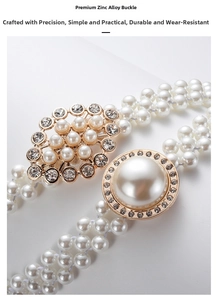 Close-up of zinc alloy buckle with rhinestones and large pearl on a white belt