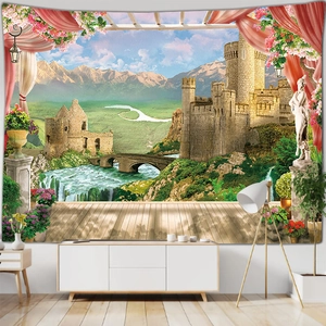Detail of a large forest castle tapestry showing realistic snowy mountains and river landscape