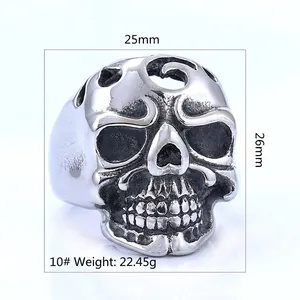 Retro hollow skull stainless steel ring in vintage silver punk style for men