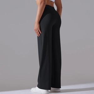 Side view of high-waisted wide-leg yoga pants showing matte fabric and lifting effect