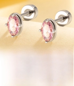 Macro shot of pink oval zircon earrings showing 0.8x6mm bar size and silver steel base