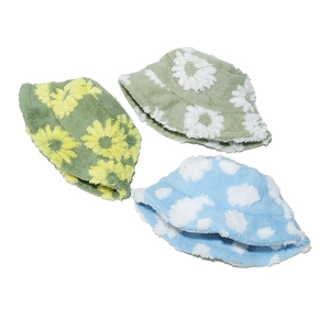 Winter plush bucket hat set featuring sunflower and cloud patterns in soft teddy fleece