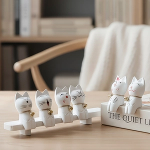 Set of 6 creative wooden cat figurines with small bells for home shelf decor