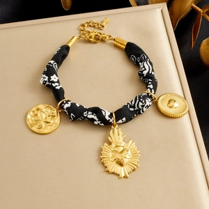 Vintage Sacred Heart Floral Relief Charms Bracelet Stainless Steel Gold Plated Fabric Cloth Boho Jewelry For Women