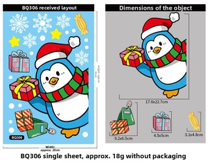 Detail view showing penguin Christmas window stickers with dimensions and layout