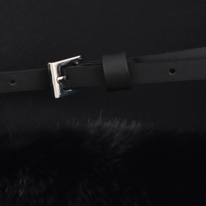 Elegant sleeveless faux fur patchwork mini dress with black leather belt and silver buckle