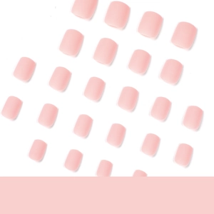 Short square matte pink press-on nails set with 24 pieces in various sizes for manicure
