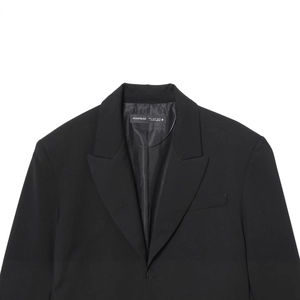 Women's black cropped business casual blazer with padded shoulders and pleated details