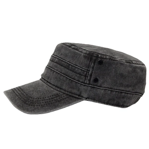 Vintage dark gray washed cotton flat top military cap with side metal eyelets