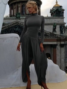 Women Sexy High Neck Ruched Jumpsuit Long Sleeve Slim Fit Wide Leg Solid Color Streetwear Polyester Spandex
