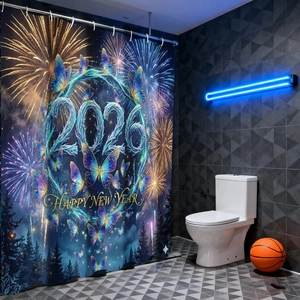 Shower Curtain Waterproof Polyester 2026 Happy New Year Christmas Tree Snow Town Winter Bathroom Decor With Hooks