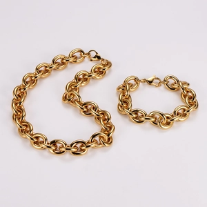 Chunky gold stainless steel link chain necklace and bracelet set with lobster clasp