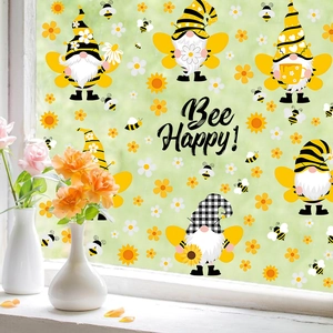 Bee Festival Gnome Wall Stickers Sunflower Daisy Flower PVC Self Adhesive Window Clings Home Decor Bee Happy Theme
