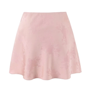 Mini-jupe en satin jacquard rose pâle à taille haute avec motifs floraux élégants