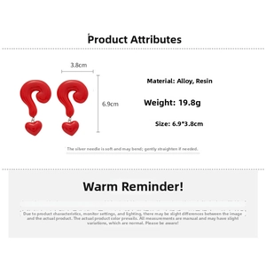 Detailed size chart for red heart resin drop earrings with alloy posts and 19.8g weight