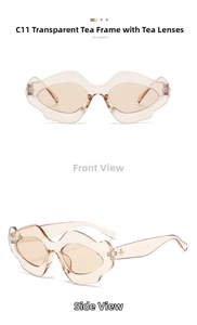 Detailed views of irregular wave frame sunglasses in tea brown with star metal logo
