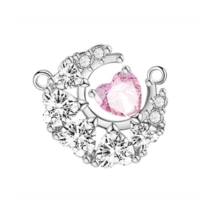 Silver horseshoe pendant with pink and clear heart crystals for DIY necklace jewelry